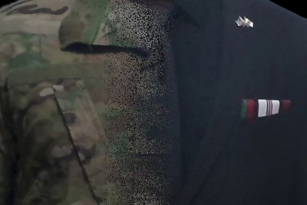 Army multicam top fading into a black suit with an Pocket Squares pocket square