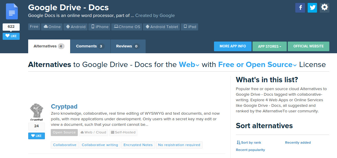 Screenshot of Alternativeto.net - Cryptpad for an alternative to Google Docs
