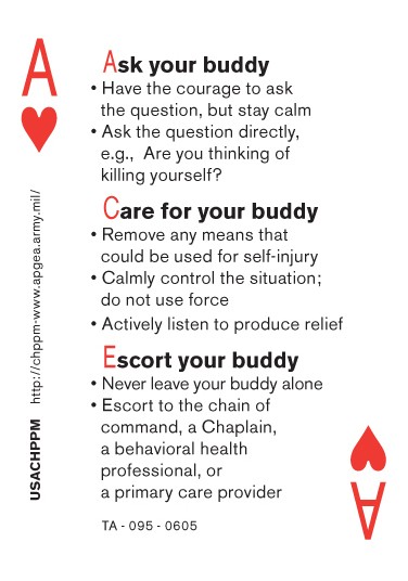 Army suicide prevention card with 'ACE' acronym meaning 'Ask your buddy,' 'Care for your buddy,' and 'Escort your buddy.'