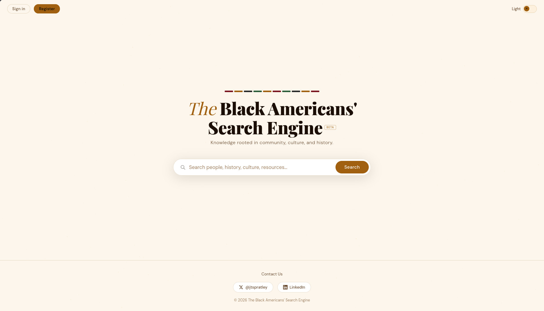 Black Americans' Search Engine (BASE) homepage showing the search bar and essential features