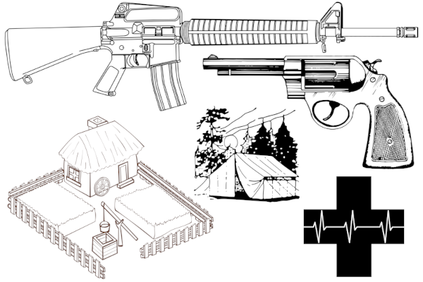 AR, revolver pistol, camping tent, farm, and ambulence in black and white
