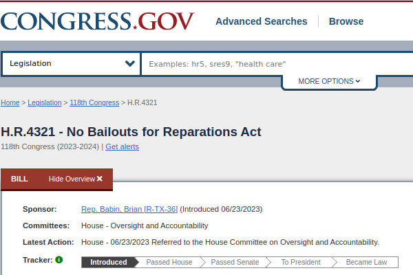 Screenshot of H.R.4321 bill status - introduced