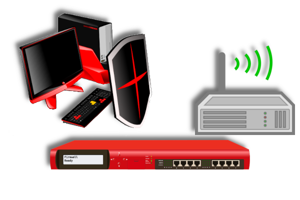 Red and black computer, red firewall, and grey firewall icon