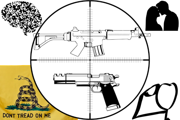 Scope on rifle and pistol, digitized brain, stick figure saluting, couple kissing, and 'Don't Tread on Me' flag,' all in black and white