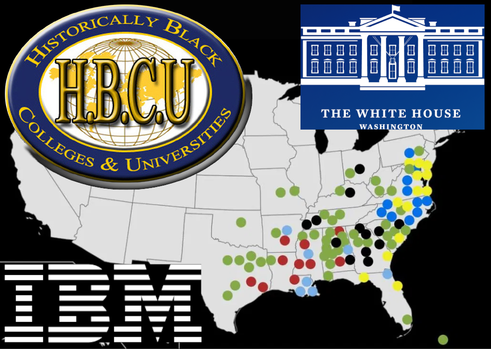 HBCU Map from Blackoutcoalition.org, HBCUs logo from HBCU and Technology Roundtable panel at the Rainbow PUSH Wall Street Project, White House Blog logo, and IBM logo