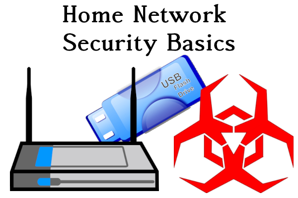 Router, flash drive, and hazard symbol