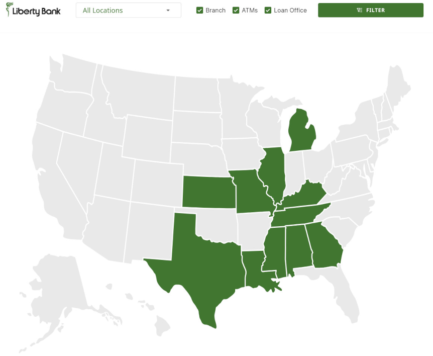 USA map highlighting states with Liberty Bank & Trust branches