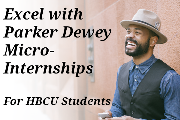 Black American/ADOS man and text 'Excel with Parker Dewey Micro-Internships'