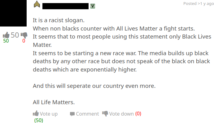 RallyPoint member claims that 'Black Lives Matter' is a racist slogan.