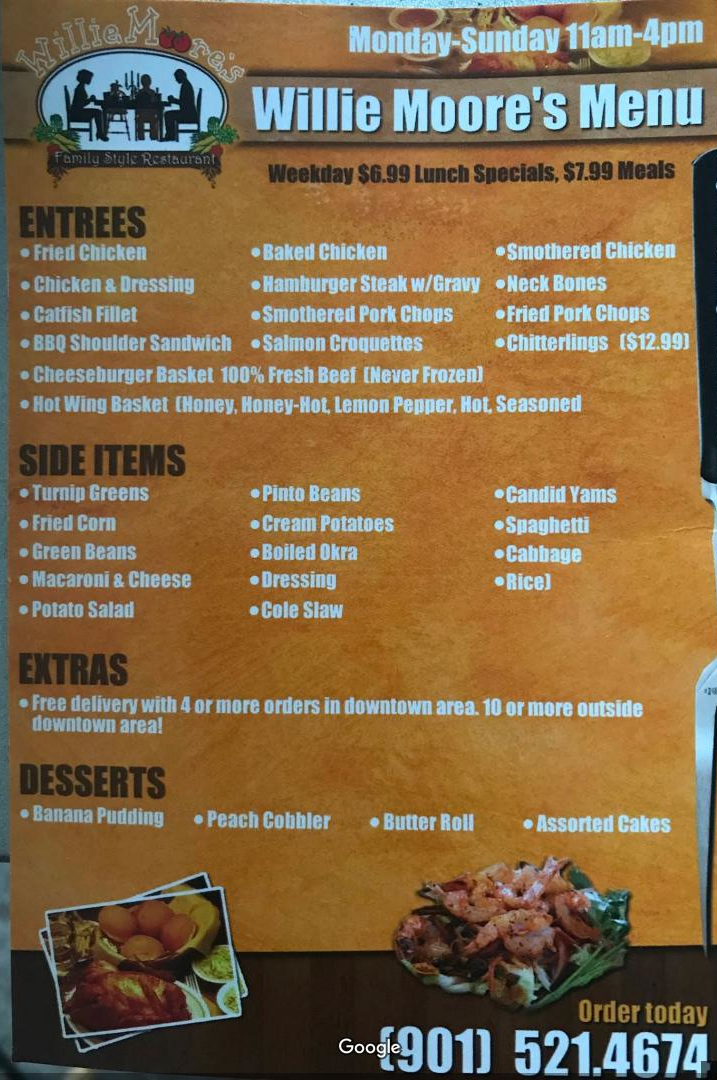 Willie Moore's Food Menu Willie Moore's restaurant menu