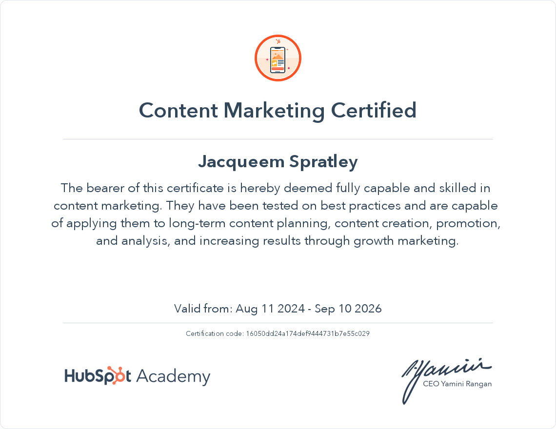 Jacqueem Spratley Content Marketing Certified HubSpot certification