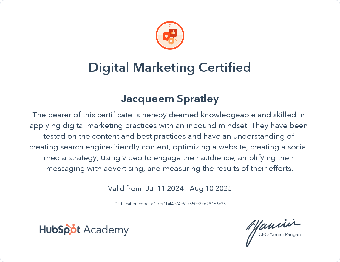 Jacqueem Spratley Digital Marketing Certified HubSpot certification