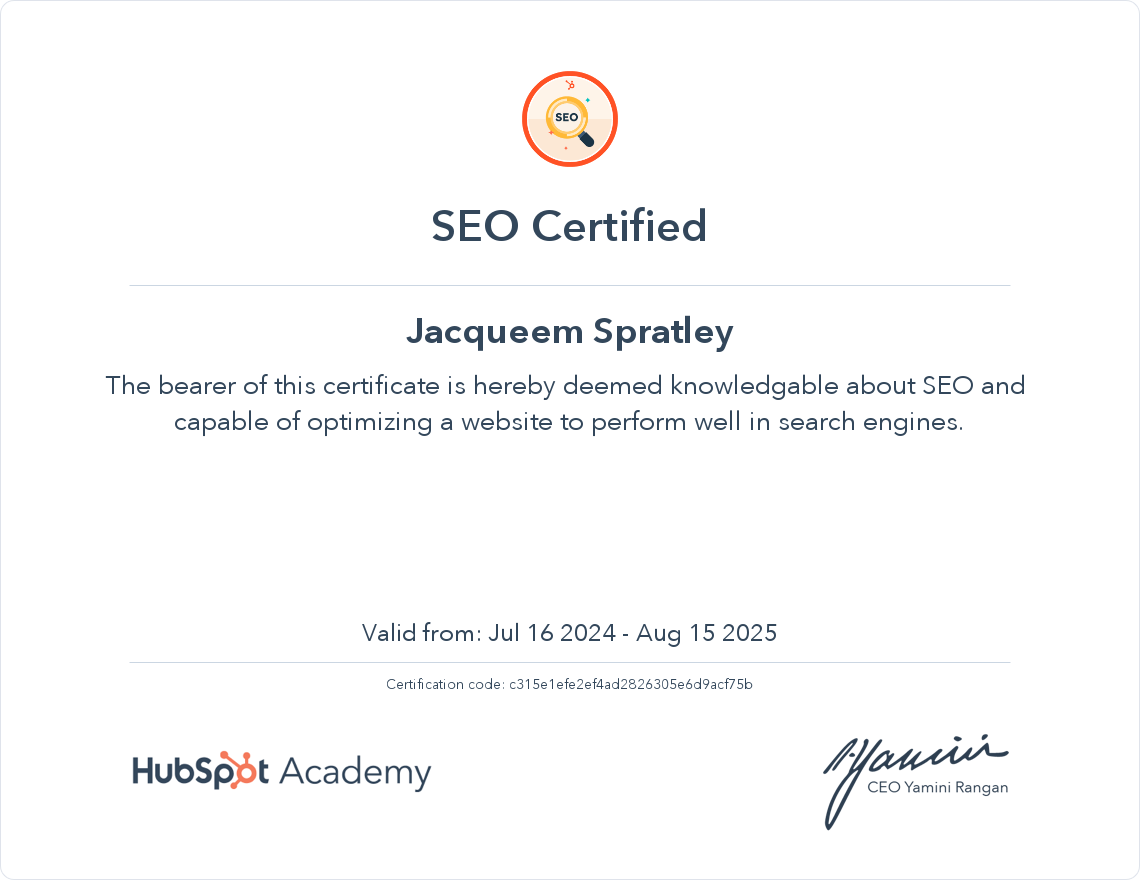 Jacqueem Spratley SEO Certified HubSpot certification