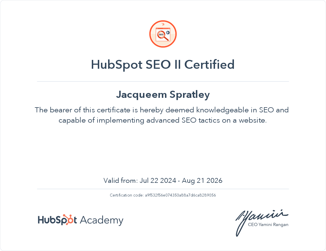 Jacqueem Spratley SEO II Certified HubSpot certification